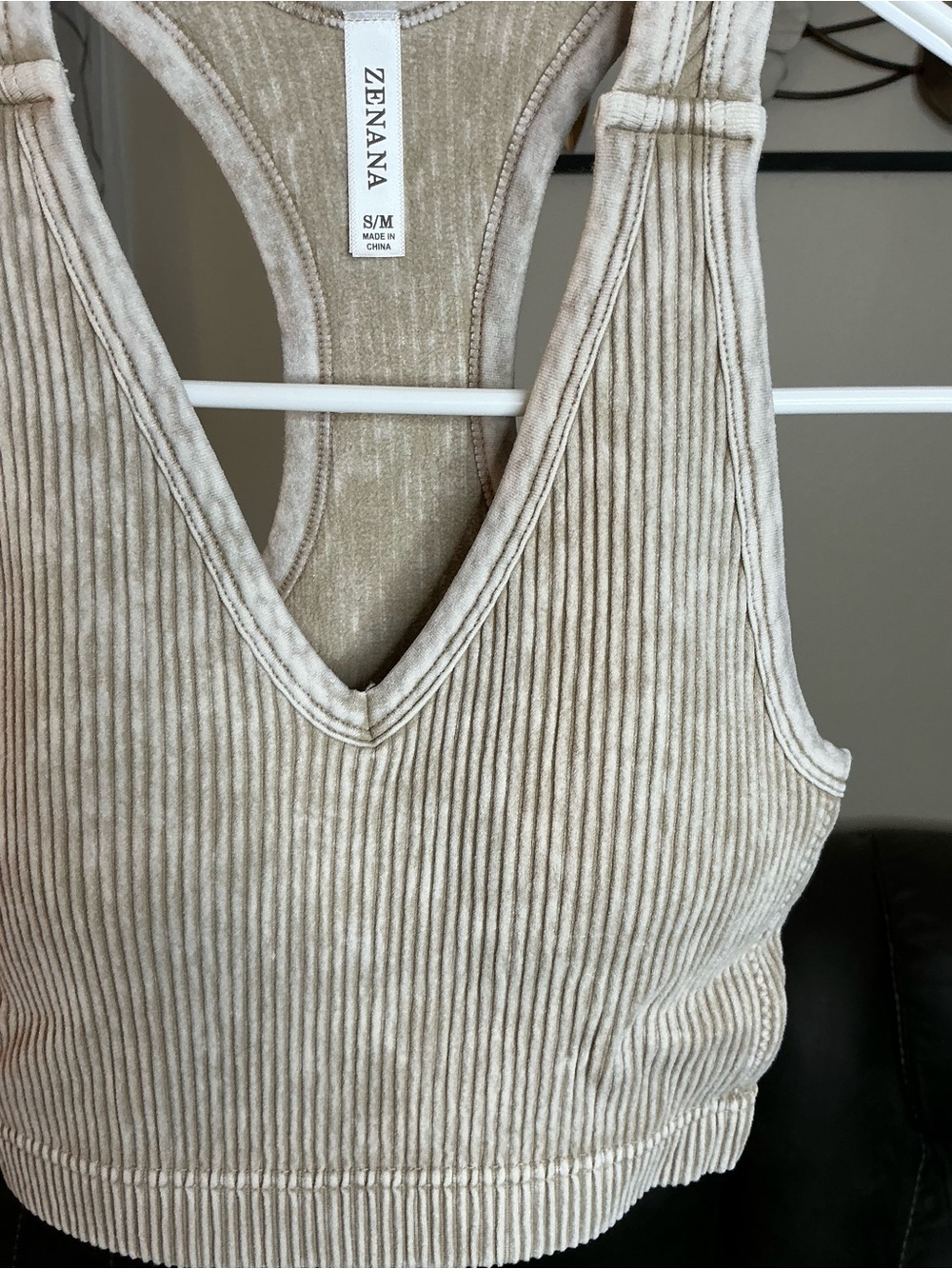 Zenana Outfitters Ribbed V-Neck Crop Tank in Beige - Picture 2 of 3